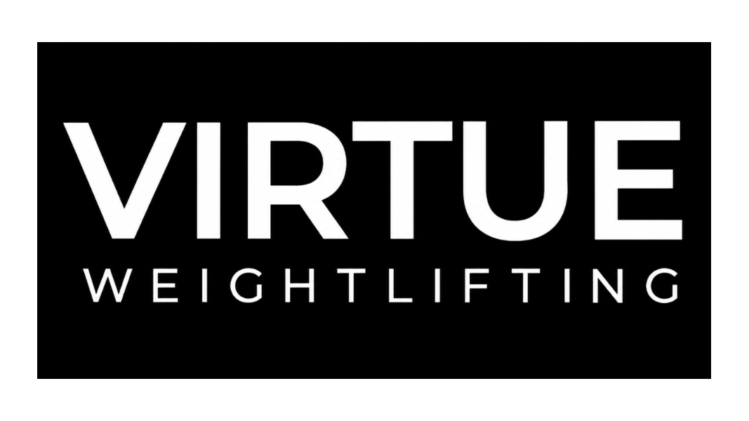 White text reading 'VIRTUE WEIGHTLIFTING' on a solid black background.